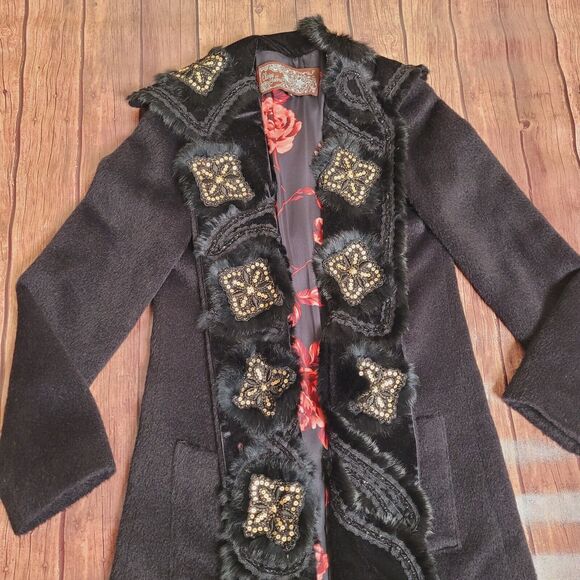 Olivine Gabbro Coat Womens 6 Black Alpaca Embellished Mid Length Rabbit Fur Trim - Picture 7 of 16